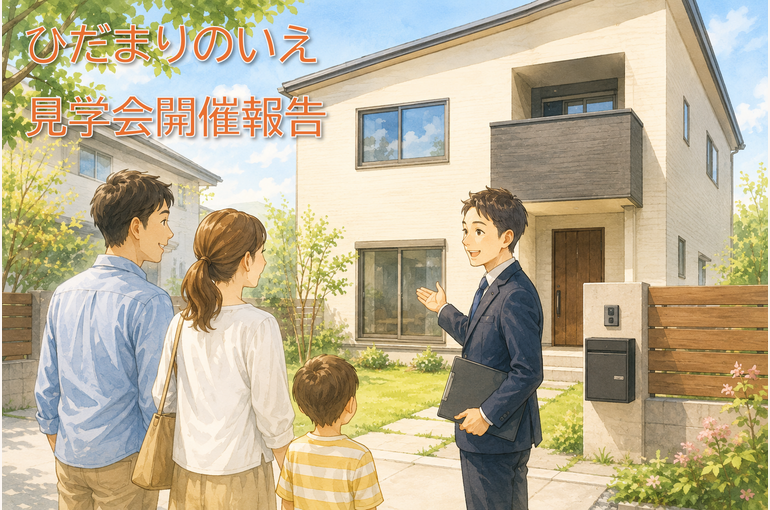 知立市の新築戸建賃貸「ひだまりのいえ」の完成見学会で説明を受けるファミリーのイメージ