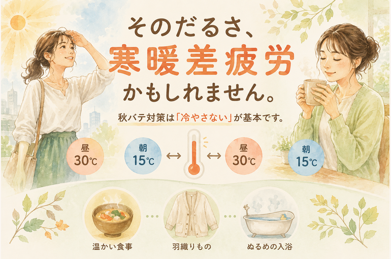 朝15℃・昼30℃の寒暖差と、秋の「寒暖差疲労」対策を紹介するイラスト