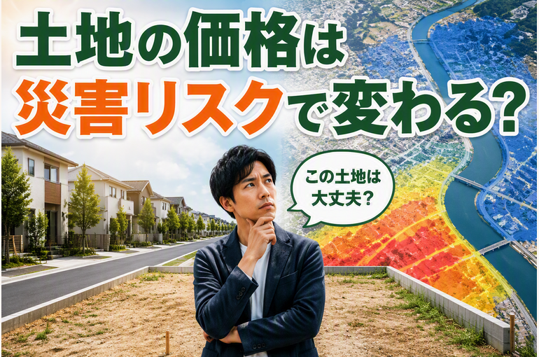 土地選びで災害リスクを検討する人物と住宅地・河川を描いたイラスト。土地の価格とハザードマップの関係を解説するコラムのサムネイル。