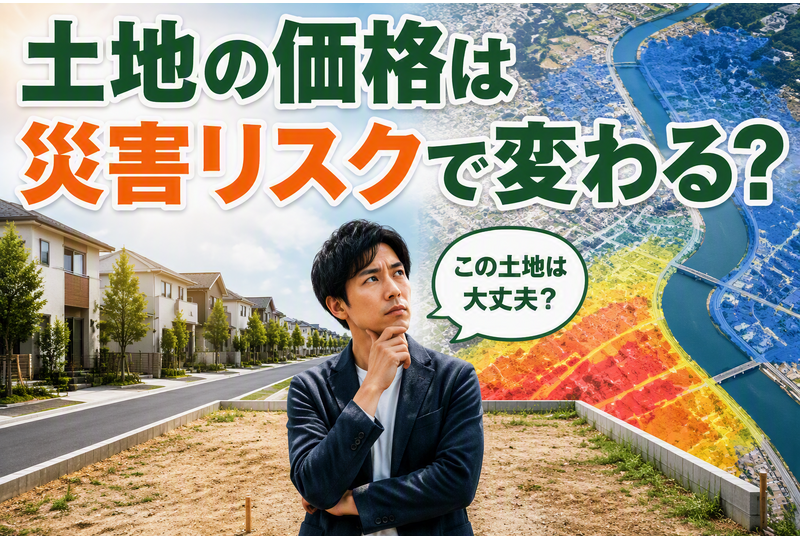 土地選びで災害リスクを検討する人物と住宅地・河川を描いたイラスト。土地の価格とハザードマップの関係を解説するコラムのサムネイル。