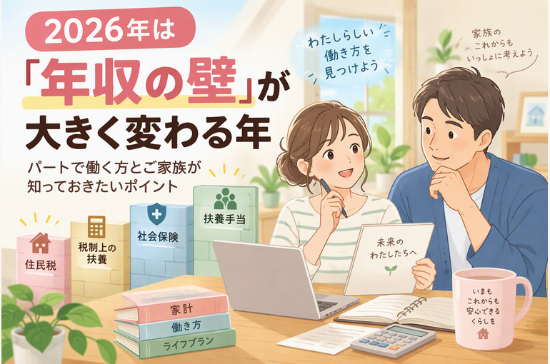 年収の壁や扶養制度について家族で相談するイメージイラスト