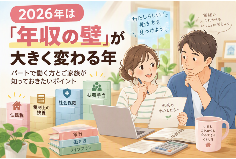 年収の壁や扶養制度について家族で相談するイメージイラスト