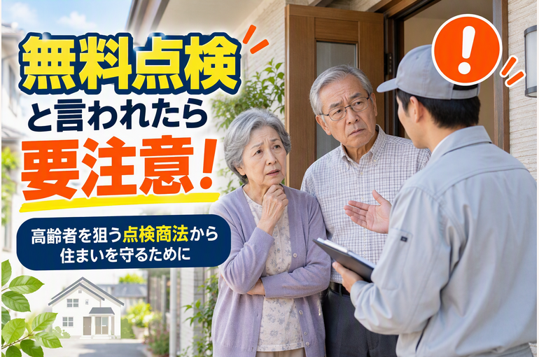 ガス点検詐欺に注意する高齢夫婦と訪問営業員のイメージ