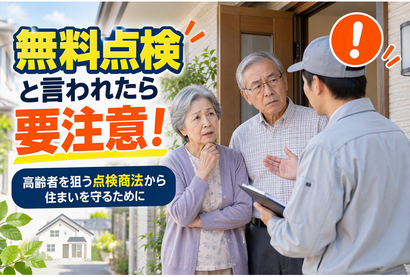 ガス点検詐欺に注意する高齢夫婦と訪問営業員のイメージ