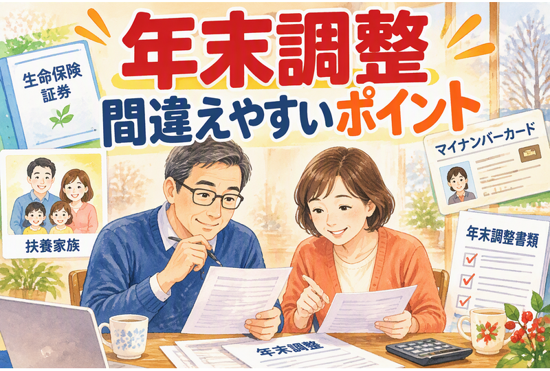 年末調整の書類を確認する会社員夫婦